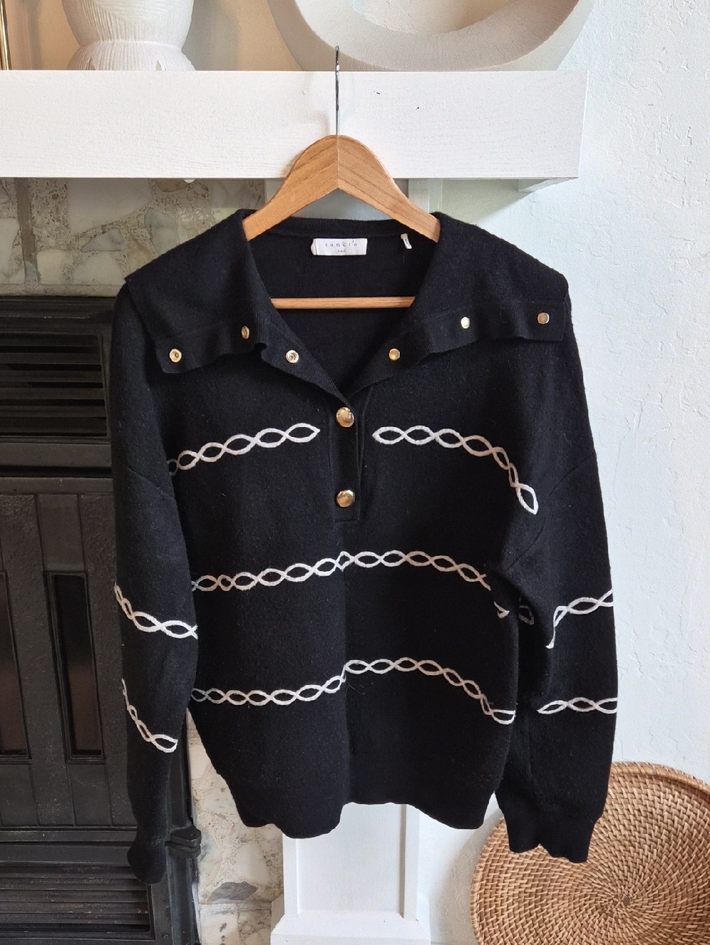 Sandro Black Sweater with Cream Chain-Stripe Detail, Sailor Collar, M